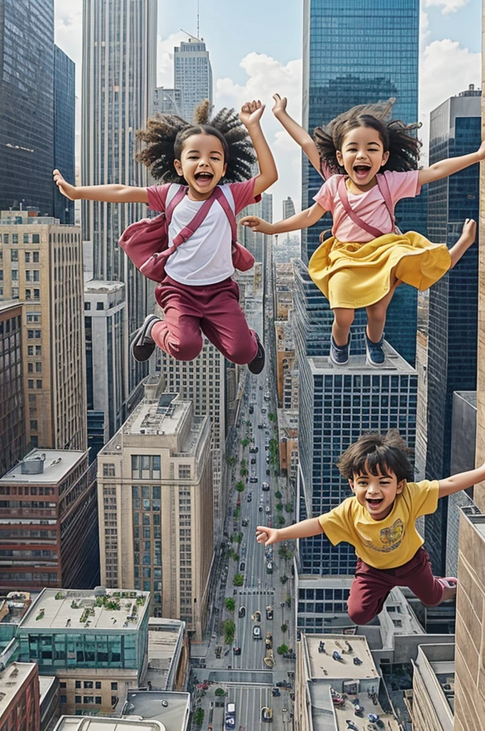 Drawing of two children flying over a big city today. The children look surprised and happy 