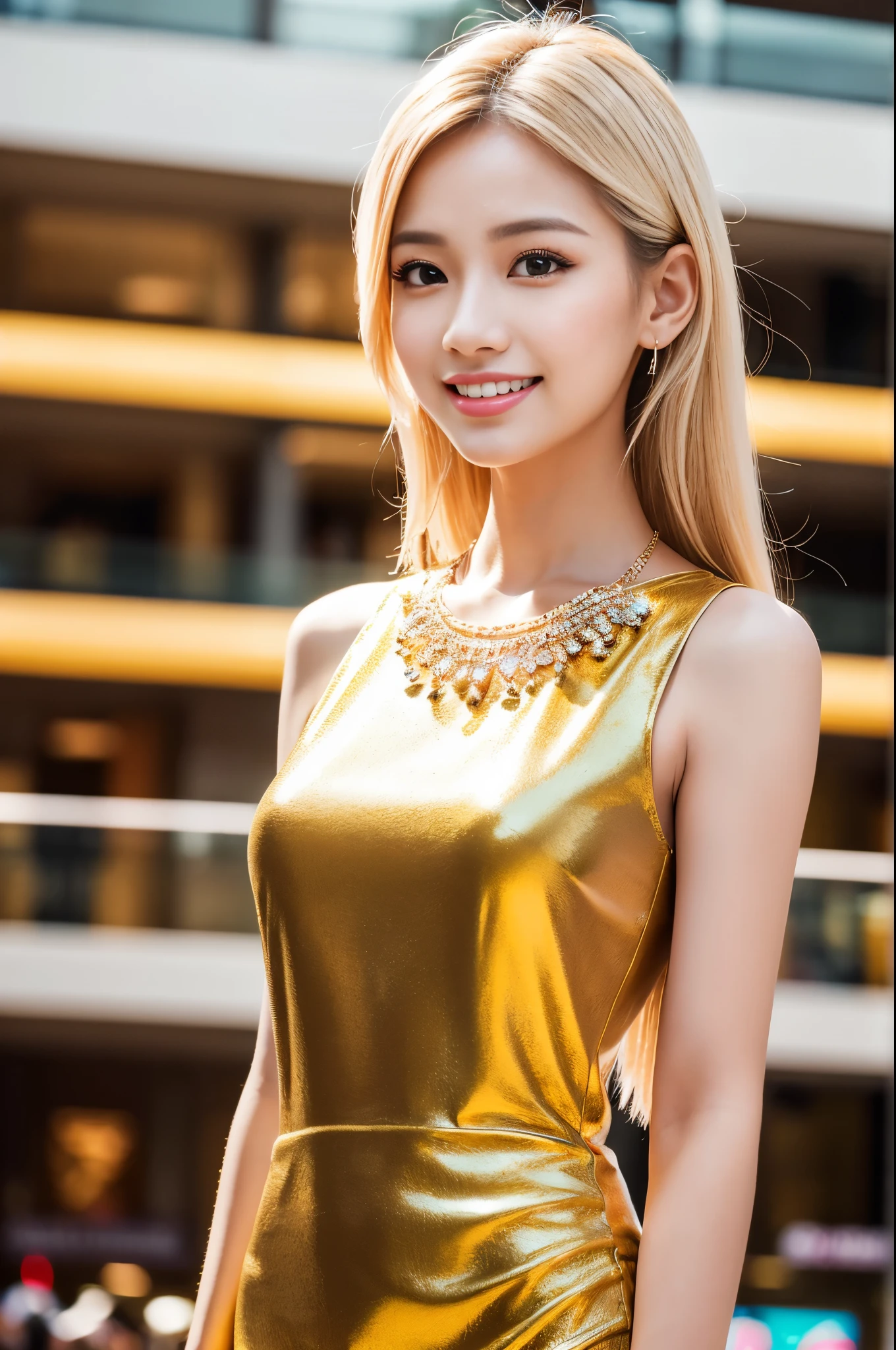 (best quality, 4k ,8k, highres, masterpiece:1.2), ultra-detailed, (realistic, photorealistic, photo-realistic:1.37), closeup, beautiful Thai woman, (slim girl), (happy smile), long lashes, beautiful makeup, platinum blonde hair, fair skin, slender figure, elegant posture, wearing large sparkling colorful jewelery, wearing a business style leather dress, standing in a large shopping mall, gentle sunlight shining through the shopping mall windows, casting a soft glow on her face, adding warmth to the scene, vibrant colors, capturing the essence of vibrant city life, portrait style, showcasing her natural beauty and grace in a feminine way