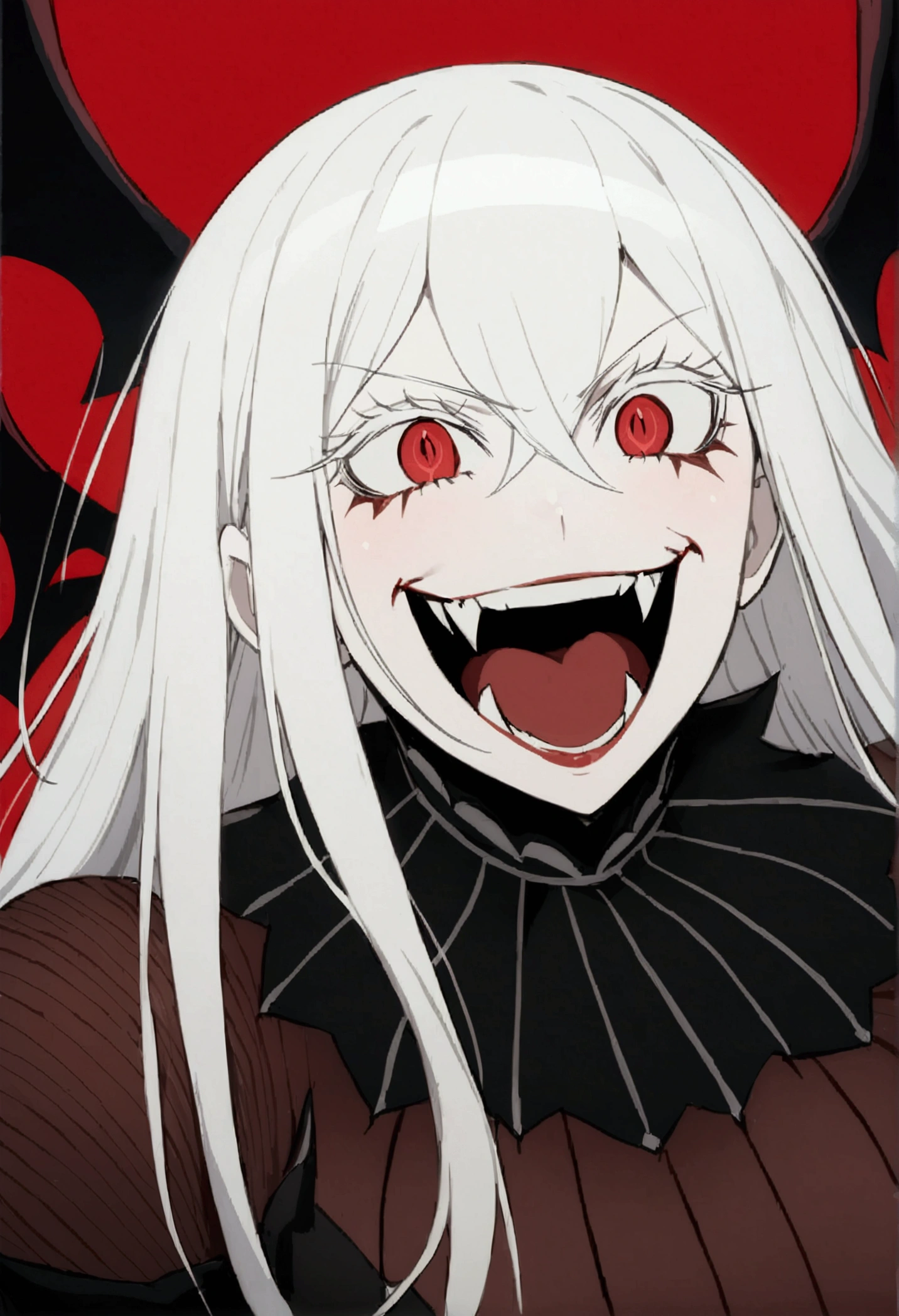 Evil woman, loca, White hair, thick white eyelashes, fangs, demonic, echidna re:zero, crazy laugh, pure evil, black clothes, red tones, big breasts,a close-up of a person with a red background and a black and white drawing of a woman with long hair, Akane Owari Danganronpa, with red haze and a massive SMILE, SMILEning lasciviously, [[[[SMILEning evily]]]], evil SMILE, Gapmoe Yandere Grimdark, SMILE, SMILE asesina, Masterpiece