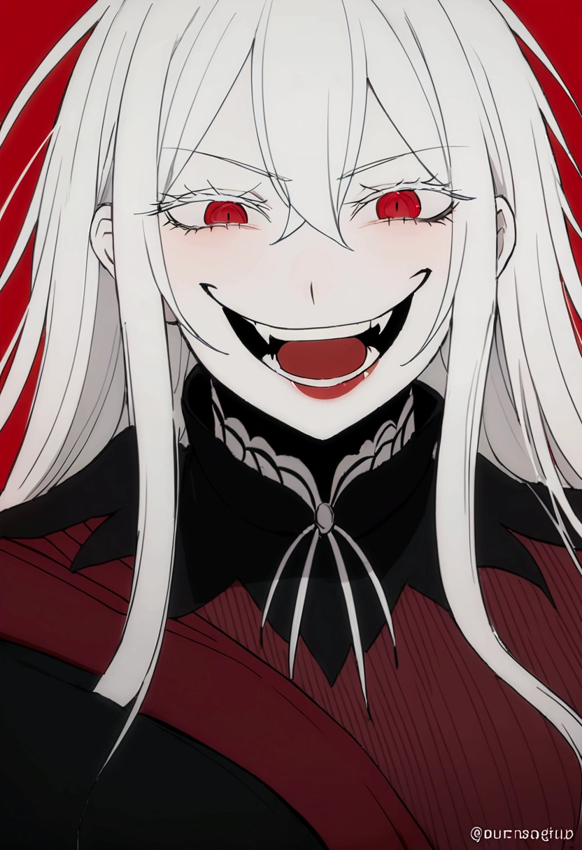 Evil woman, loca, White hair, thick white eyelashes, fangs, demonic, echidna re:zero, crazy laugh, pure evil, black clothes, red tones, big breasts,a close-up of a person with a red background and a black and white drawing of a woman with long hair, Akane Owari Danganronpa, with red haze and a massive SMILE, SMILEning lasciviously, [[[[SMILEning evily]]]], evil SMILE, Gapmoe Yandere Grimdark, SMILE, SMILE asesina, Masterpiece