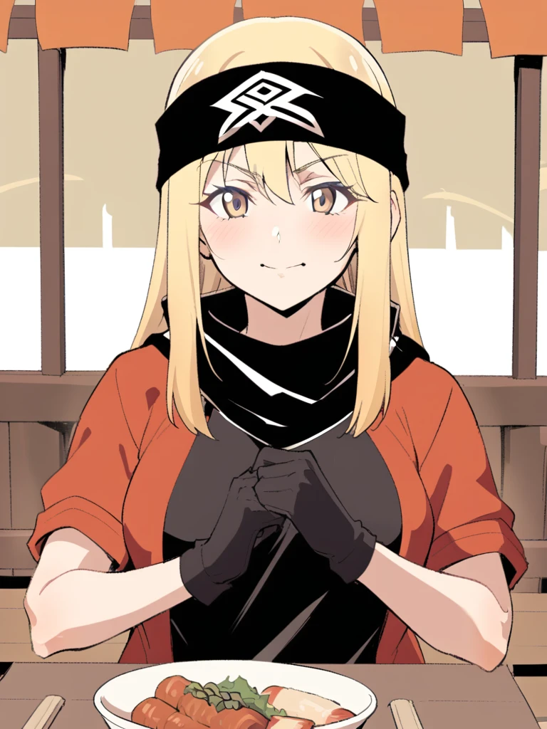 {{Upper part of the body}} {{Artist: sincos}} mature woman, straight hair, long hair, black hair with blonde highlights, light brown eyes, black ninja bandana, red jacket, black fitted t-shirt, Gloves without fingers, bottom: ninja village