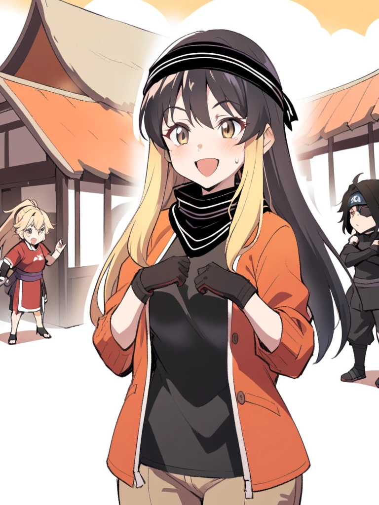 {{Upper part of the body}} {{Artist: sincos}} mature woman, straight hair, long hair, black hair with blonde highlights, light brown eyes, black ninja bandana, red jacket, black fitted t-shirt, Gloves without fingers, bottom: ninja village