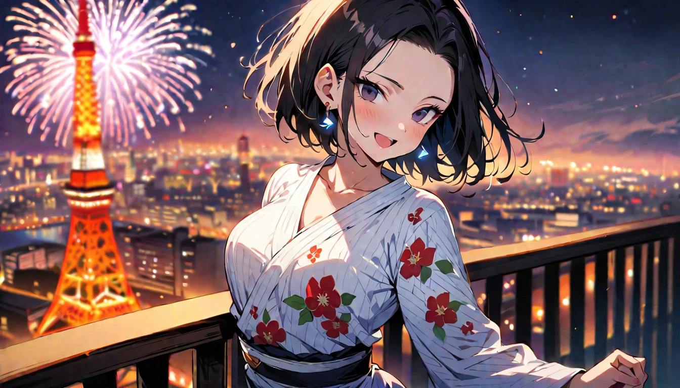 (masterpiece, best quality:1.2),1girl, (solo), Android 18 from Dragon Ball, ((floral print white kimono)), medium breasts, blunt bangs, black short hair, (black eyes), earrings on earlobes, slim, slender feminine figure, skinny body, blush, magnificent view, blur background, 4K, open mouth, smile, Tokyo Tower, firework, arms open, collarbone, Kimetsu,