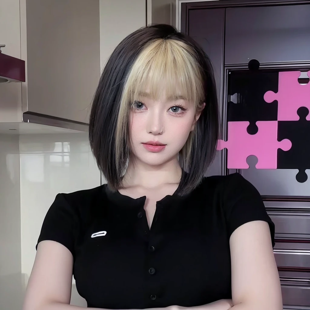 Blonde bangs short hair，Natural and beautiful hair，The background is simple and clean，