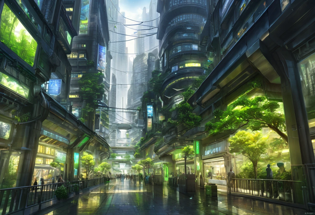 futuristic city, tree, eco city, green light, HDR, 4k resolution, (painting realistic : 1.3), (ultra high resolution: 1.0 ), (((best quality, 8 thousand, masterpiece:1.4))