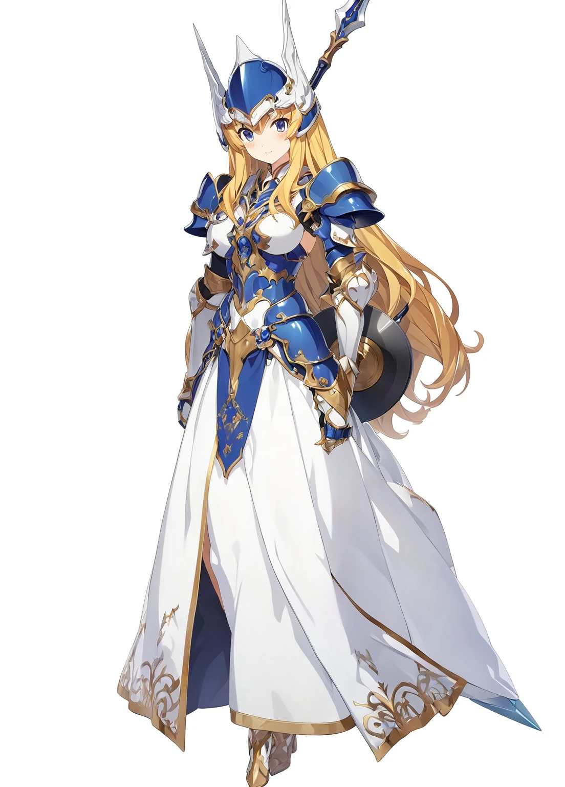 Highest quality, high resolution, High quality game art style, whole body,Valkyrie,Official Art, Smooth game CG art,Cute 3D anime girl render, Visual Novel Sprites, White background,Smooth game CG art, (((Woman with a long spear))),A woman wearing a white dress and blue armor, An intricately designed helmet with white feathers,Small shield, (((Has an exquisite long spear))),Exquisite Blue Armor,Golden Hair, long hair, female knight, Rin々Shii,Large Bust,17 years old,