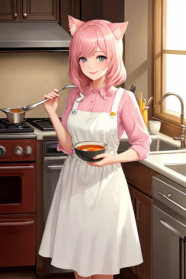 (score_9,score_8_up,score_7_up,score_6_up,score_5_up,score_4_up),masterpiece, top quality, best quality, official art, beautiful and aesthetic, animation, , 1girl with cat ear, perfect figure, pink hair, complicated details, kitchen, standing by the stove with a spoon in hand, smiling and commenting on soup ,