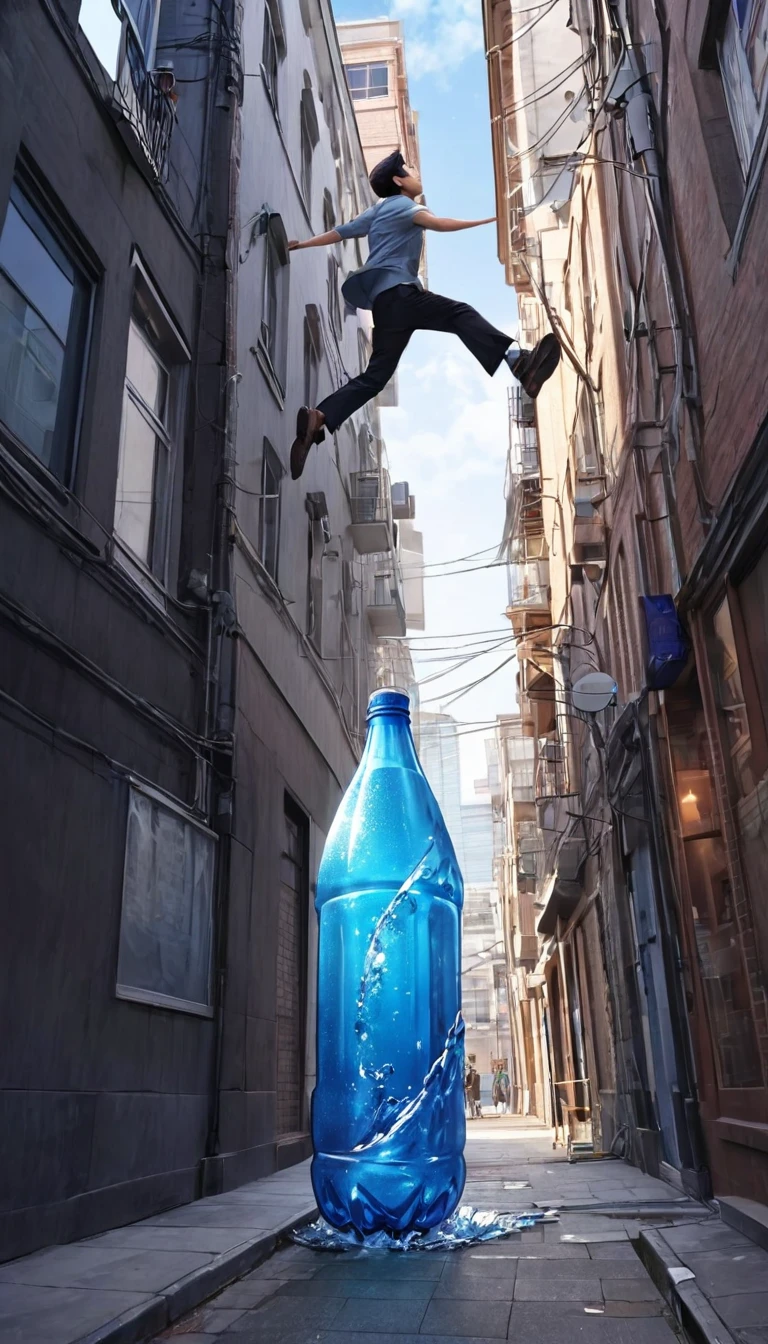 (Please draw a realistic 3D scene of a giant plastic bottle half-jumping out of a window or wall on the second floor of a building: 1.5) (People on the sidewalk are looking up: 1.5) The exterior of the building should be an urban scene, set at dusk. Please express the breaking through in a powerful and impressive pose.)