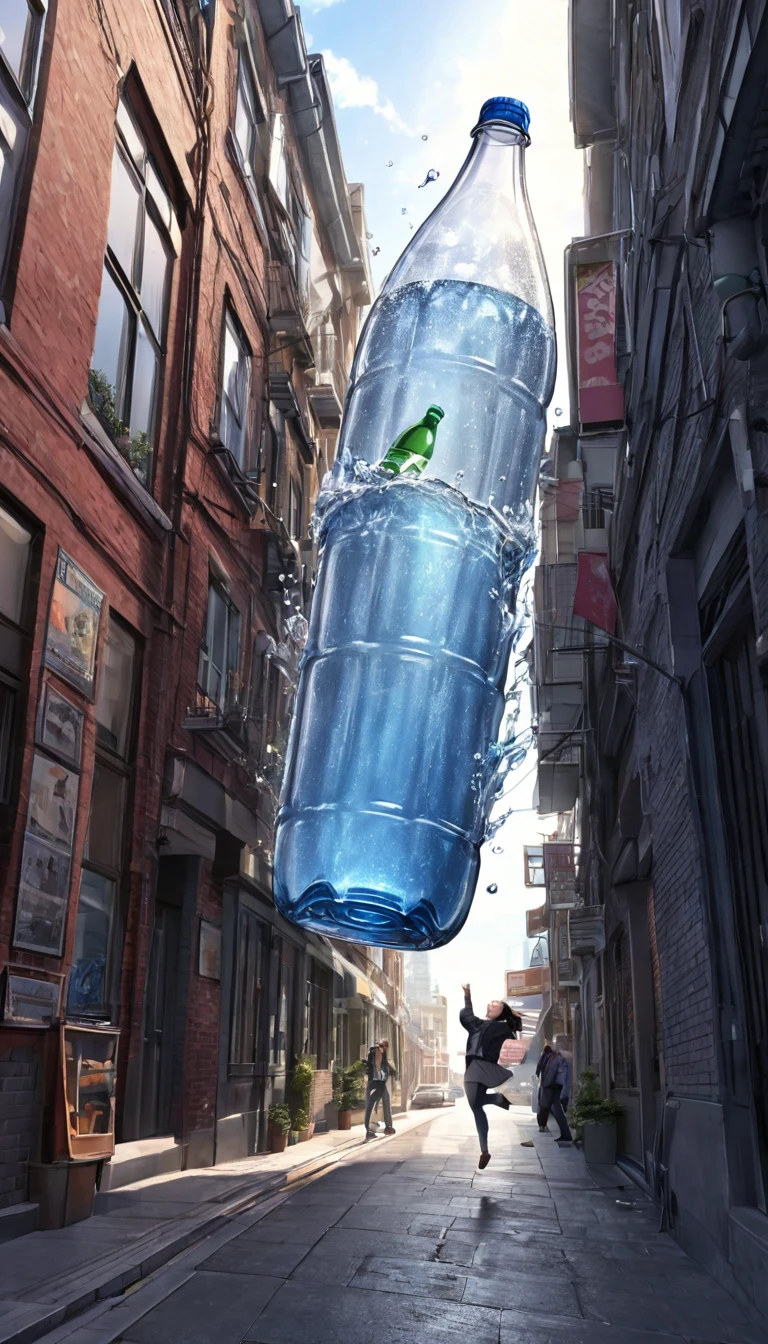 (Please draw a realistic 3D scene of a giant plastic bottle half-jumping out of a window or wall on the second floor of a building: 1.5) (People on the sidewalk are looking up: 1.5) The exterior of the building should be an urban scene, set at dusk. Please express the breaking through in a powerful and impressive pose.)