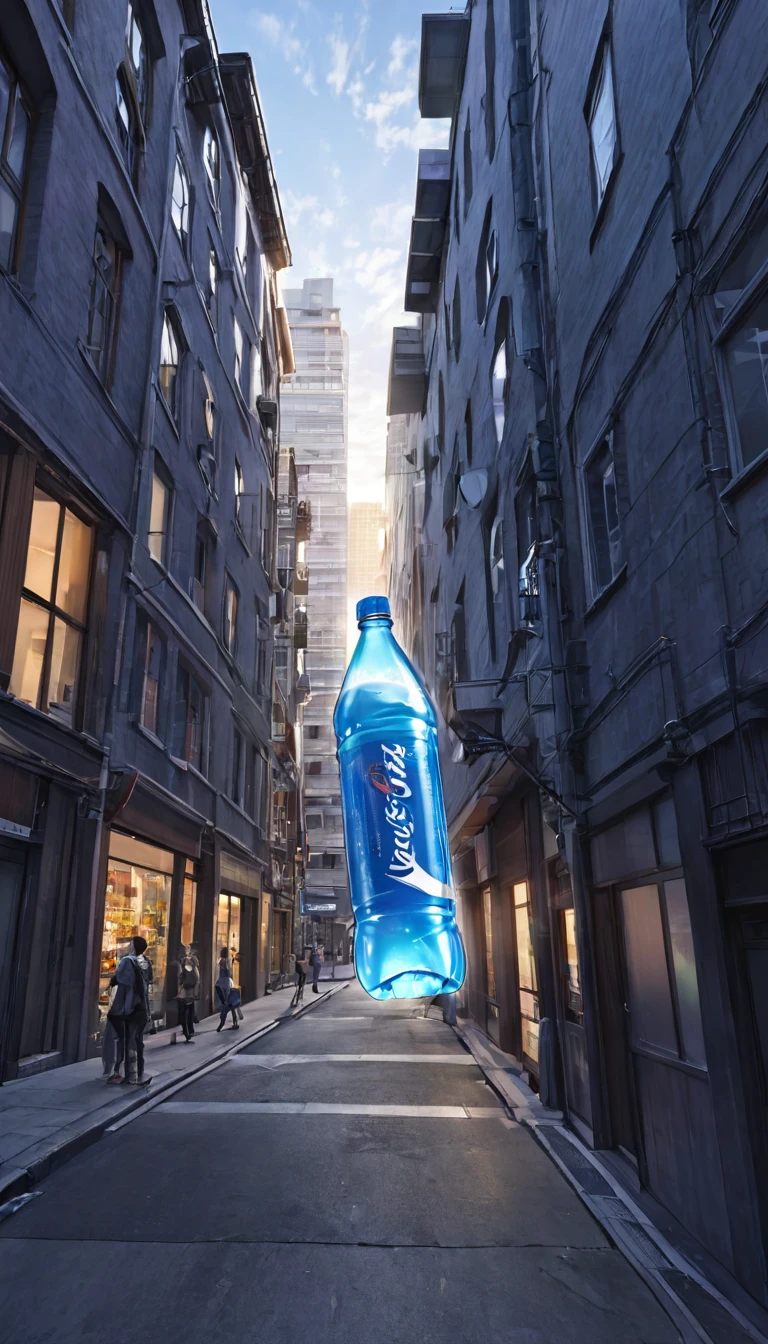 (Please draw a realistic 3D scene of a giant plastic bottle half-jumping out of a window or wall on the second floor of a building: 1.5) (People on the sidewalk are looking up: 1.5) The exterior of the building should be an urban scene, set at dusk. Please express the breaking through in a powerful and impressive pose.)