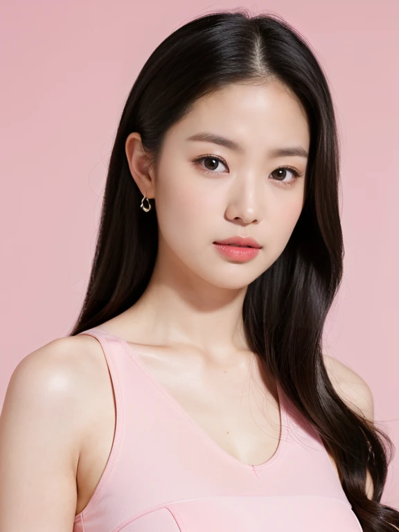 highest quality,masterpiece,Ultra-high resolution,(Realistic:1.4),One girl, In the studio, Pastel pink background,
