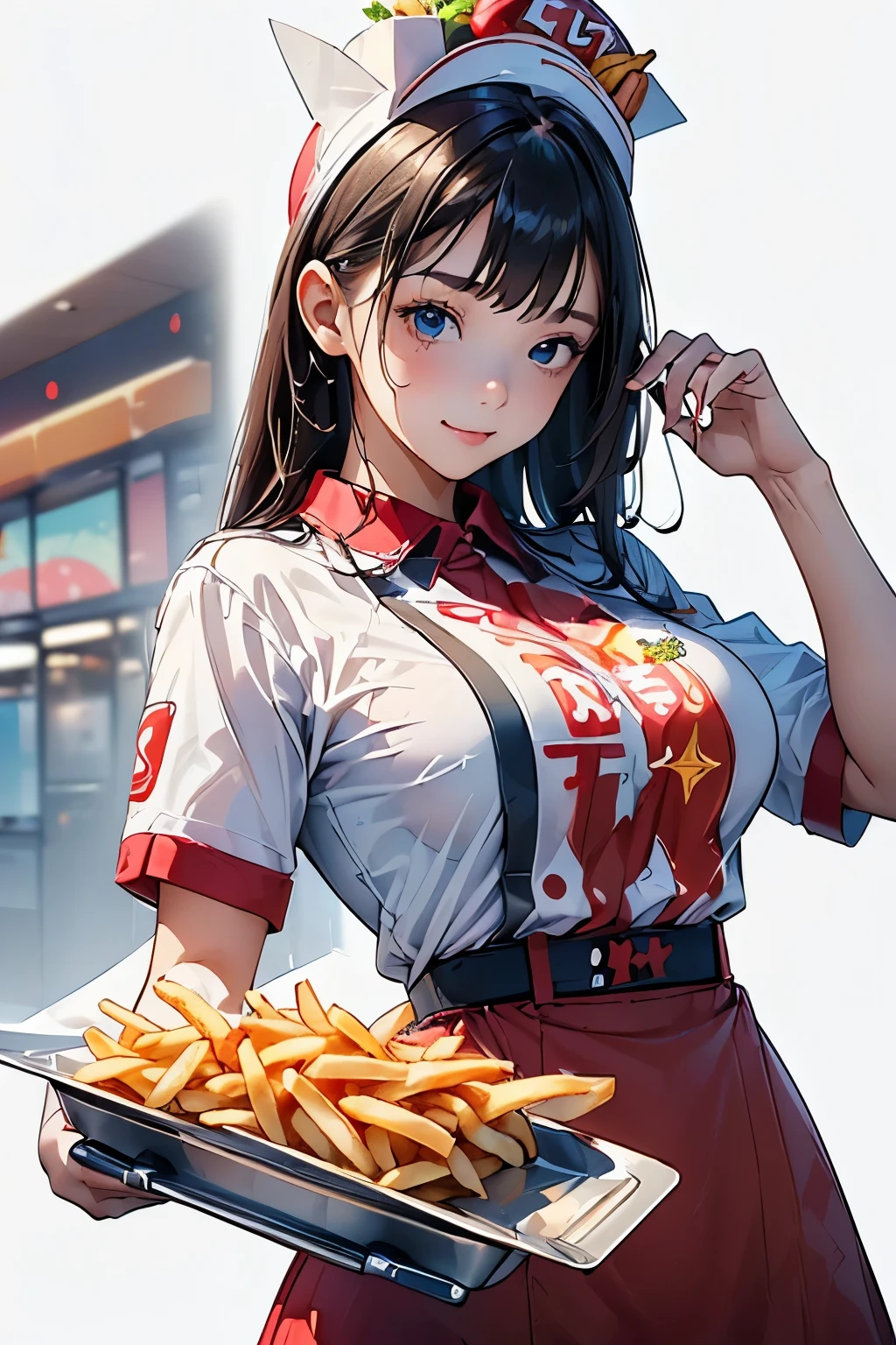  (Young woman wearing a fast food restaurant uniform、Wearing a paper hat、hamburger_french fries_Holding a tray with drinks:1.4)、Colorful uniforms、Bust Up Illustration、White Background、(Front view:1.4)、(Highest quality)、(masterpiece)、(detailed)、