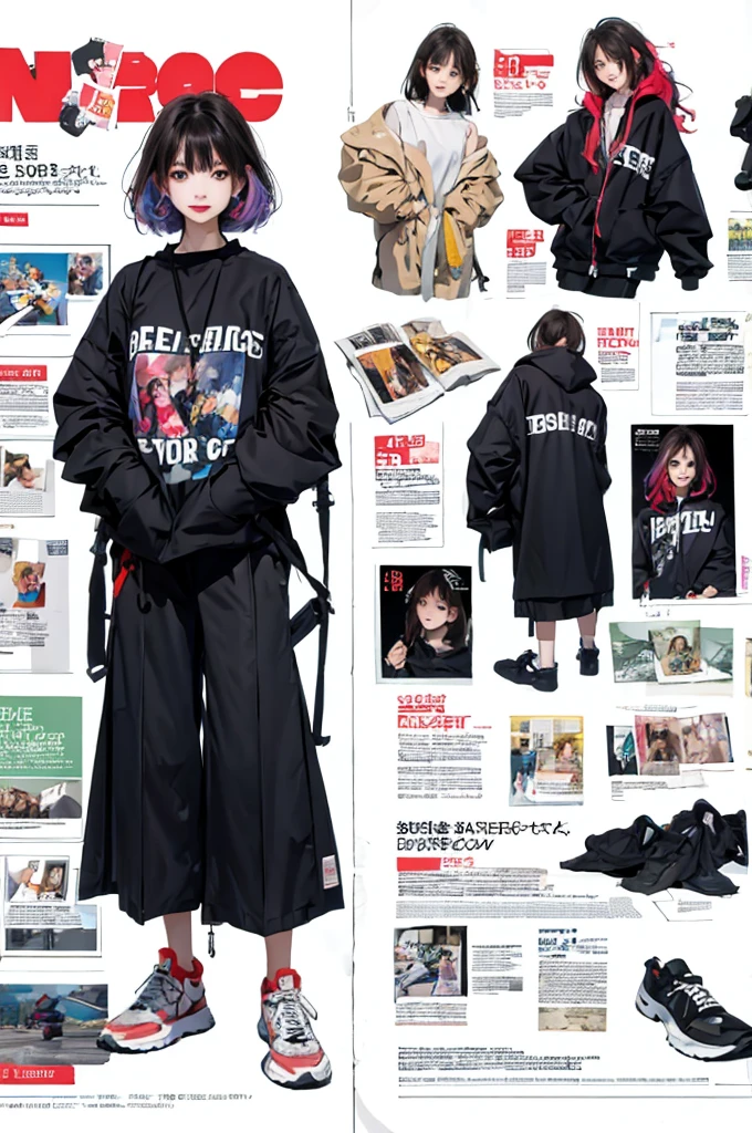 Masterpiece, Best Quality, spring outfit, colorful hair, exterior, Magazine cover ,full body,