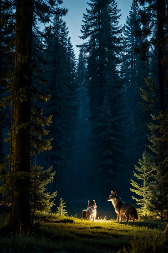 ufo in dark forest,with wolf