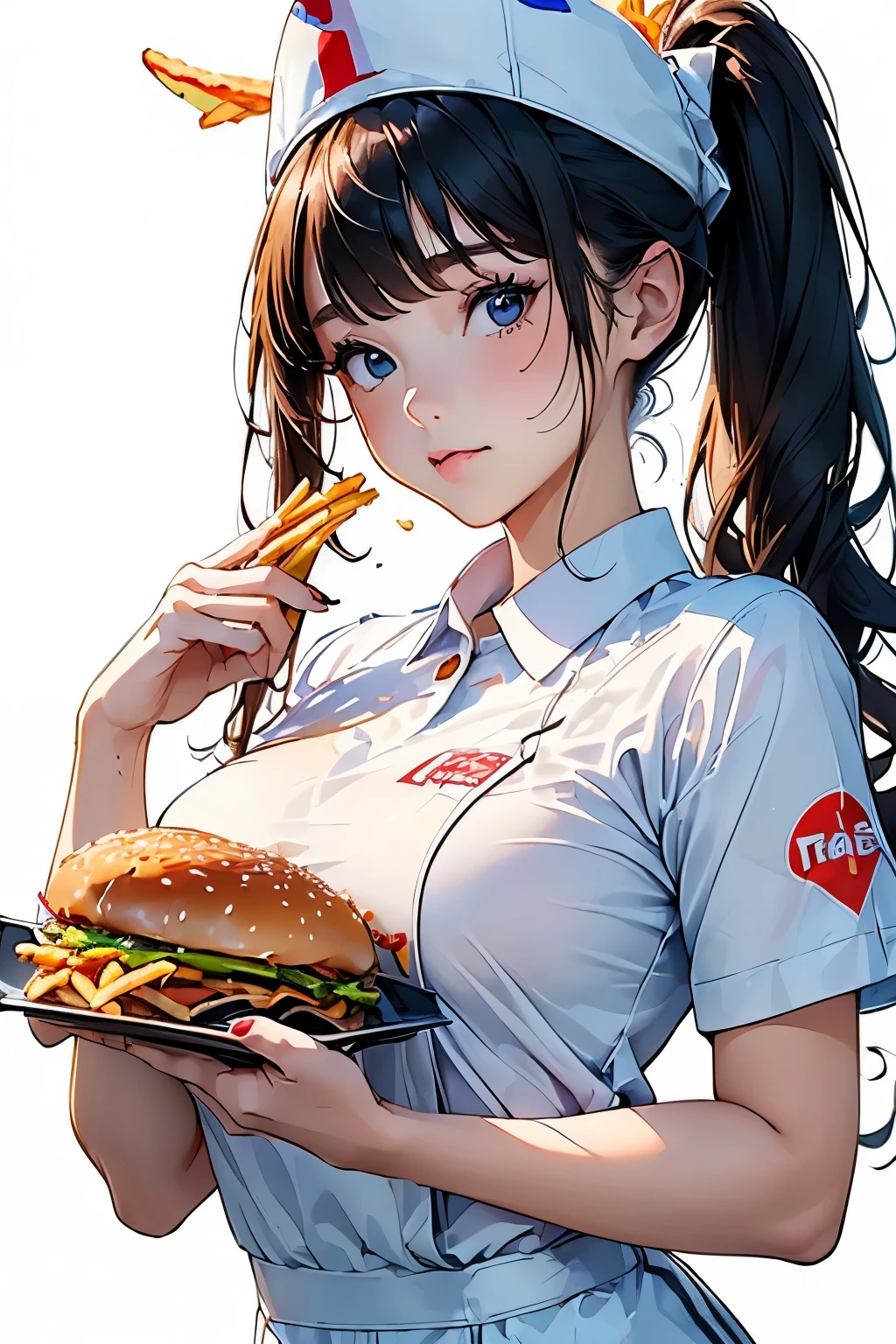  (Young woman wearing a fast food restaurant uniform、Wearing a paper hat、hamburger_french fries_Holding a tray with drinks:1.4)、Colorful uniforms、Bust Up Illustration、White Background、(Front view:1.4)、(Highest quality)、(masterpiece)、(detailed)、