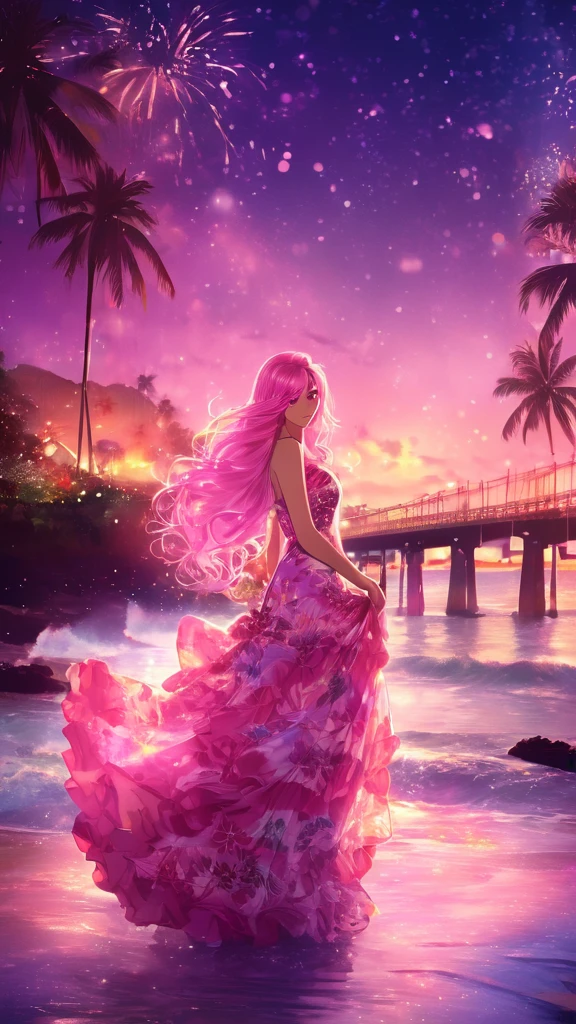 "A beautiful woman with long pink hair and beautiful eyes wearing an elegant and detailed Hawaiian dress. The dress should have intricate designs and patterns to give it a luxurious and luxurious feel. In the background, there is a water surface. It should depict a romantic Hawaiian beach at night with light reflections and an illuminated bridge crossing the scene.The image should emphasize a sparkling effect throughout the image to enhance the dreamlike atmosphere. Add special ruffles to make it stand out.