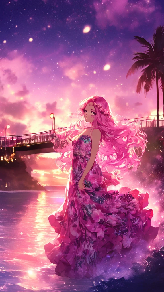 "A beautiful woman with long pink hair and beautiful eyes wearing an elegant and detailed Hawaiian dress. The dress should have intricate designs and patterns to give it a luxurious and luxurious feel. In the background, there is a water surface. It should depict a romantic Hawaiian beach at night with light reflections and an illuminated bridge crossing the scene.The image should emphasize a sparkling effect throughout the image to enhance the dreamlike atmosphere. Add special ruffles to make it stand out.