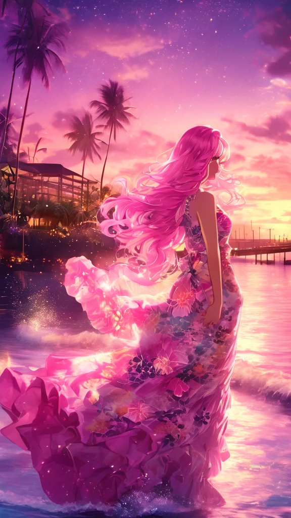 "A beautiful woman with long pink hair and beautiful eyes wearing an elegant and detailed Hawaiian dress. The dress should have intricate designs and patterns to give it a luxurious and luxurious feel. In the background, there is a water surface. It should depict a romantic Hawaiian beach at night with light reflections and an illuminated bridge crossing the scene.The image should emphasize a sparkling effect throughout the image to enhance the dreamlike atmosphere. Add special ruffles to make it stand out.