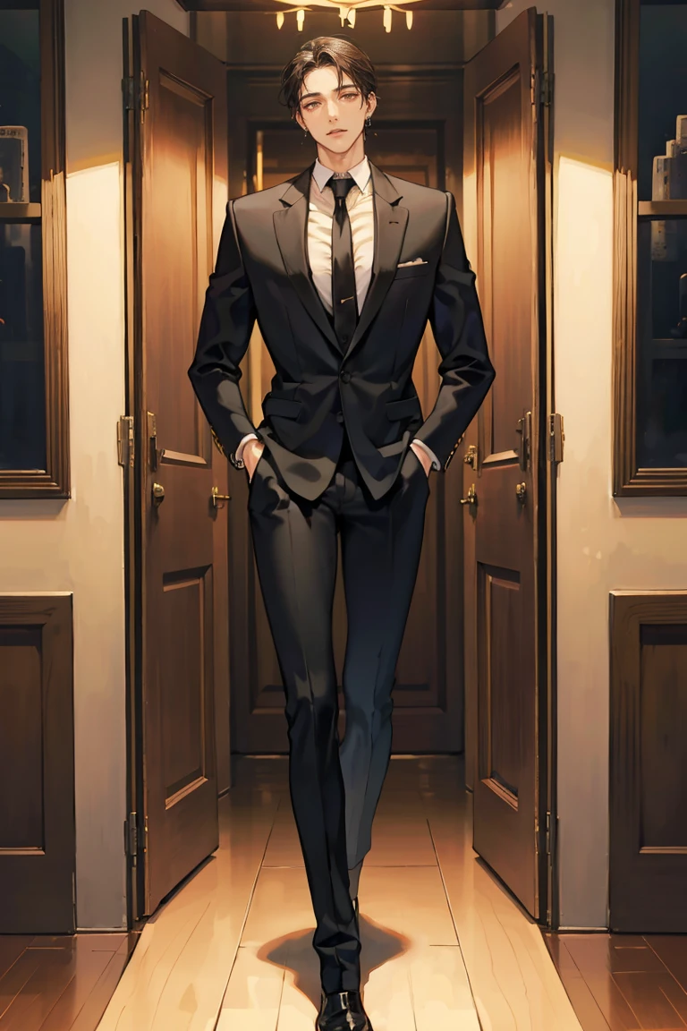 (masterpiece), best quality, seductive eyes, perfect face, handsome man, brown eyes, long slicked back black hair, long nose, tan brown skin, business suit, black necktie, extremely tall man, taller than a door, long legs, long calves, full body, tall man, long legs, anime cover, 1boy, ear piercings, hands in pockets, adult-like look, cafe background
