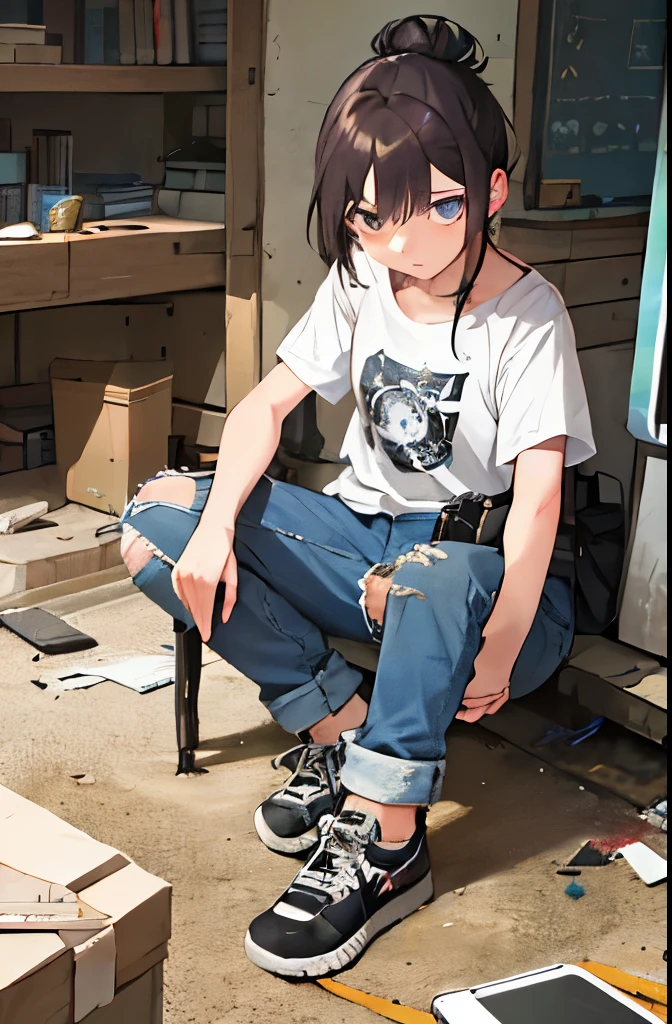 A young girl, with her hair tied back in a messy bun, is seen bending over a broken mobile phone. Her expression is one of disappointment and frustration as she tries to make sense of the cracks and shattered pieces of the screen. She's wearing a casual T-shirt and jeans, her brother's old hand-me-downs, revealing a small hole in the knee of her jeans. Her phone, a once vibrant device, now lies lifeless on the worn-out couch, its colors muted by the damage. A pile of broken glass and debris is scattered around, a testament to her failed attempts at fixing it. She looks up, a small tear in her eye, as if