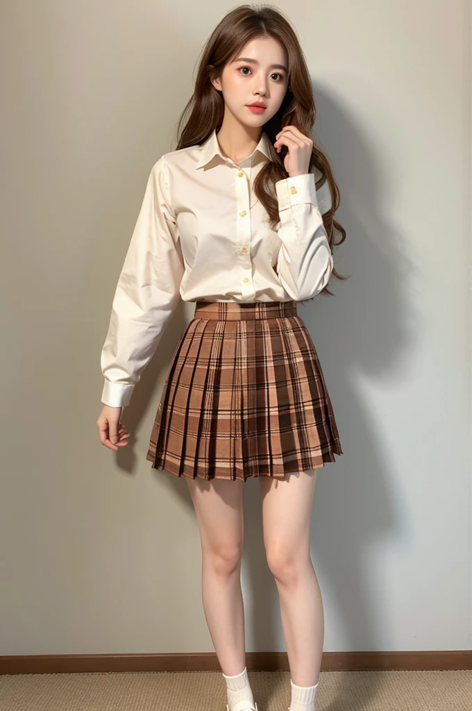 1girl, solo,23yo. realistic, , skirt, shoes, full body, shirt, loafers, long hair, brown hair, plaid, brown eyes, pleated skirt, plaid skirt, looking at viewer, lips, underwear, panties, long sleeves, white shirt他