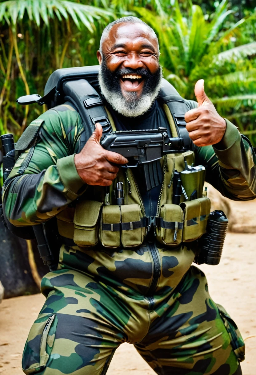 (a dark-skinned bearded fat muscular old man in a bulky army camouflage zipper diver suit) masturbating, thumbs up, carrying a gun, muscular, Bruce Onobrakpeya, sumatraism, stanley artgermm, action, heroic, fierce, smiling
