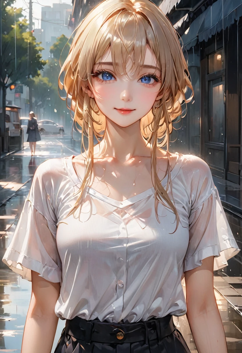 masterpiece,Omertoza,Highest quality, Illustration Style,Large aperture portrait, Anime Girls, Beautiful Eyes, summer, Wide leg pants, small, Heartwarming, Young and beautiful,,Regular Clothes,Black and White,, Expressing a natural casual style. Dynamic posture contains the golden ratio, China, blank, Strong contrast of light and shadow, Super Texture, Very clear and concise pictures, very beautiful, elegant temperament, A subtle expression, Urban Background, rain, Water reflection of road area,One person