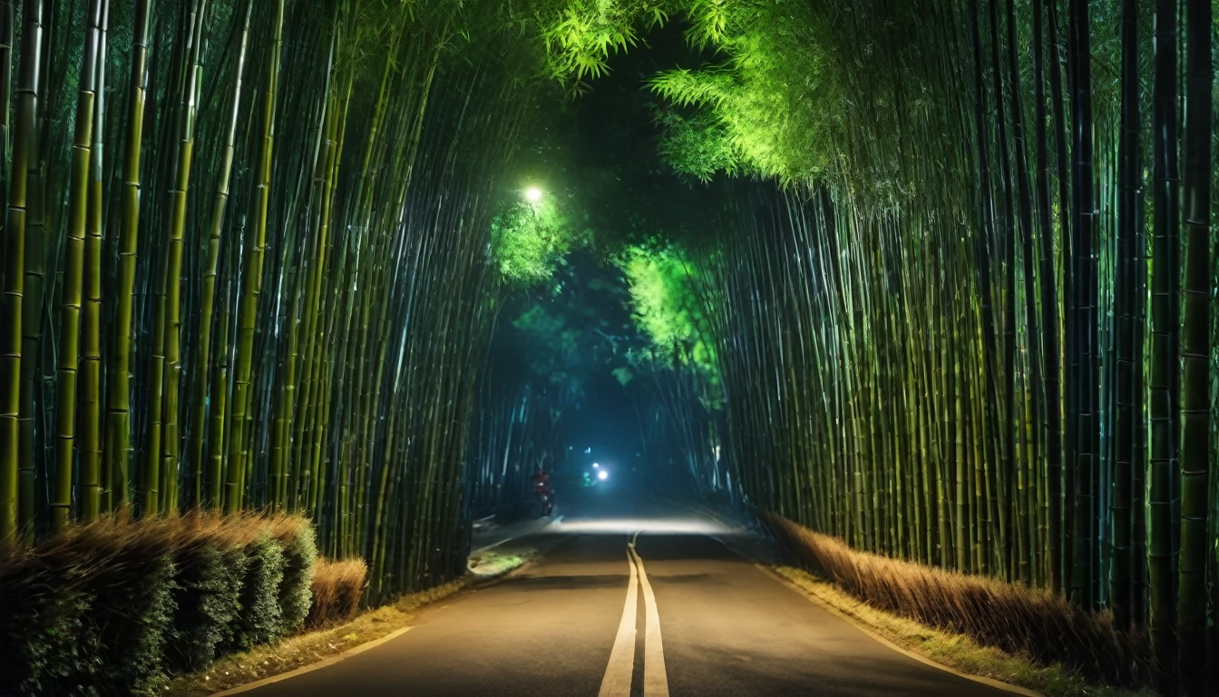 A rural road at night, with many bamboo trees, a tense atmosphere