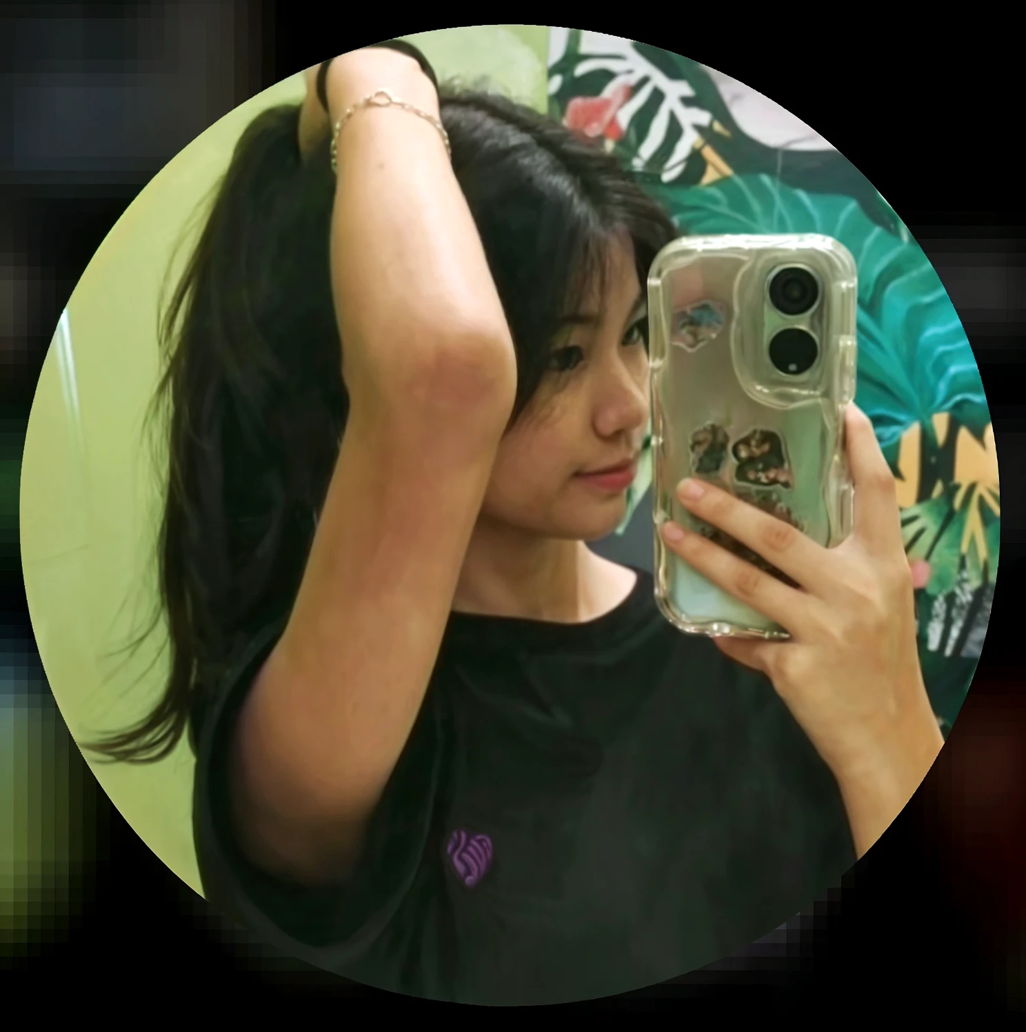 there is a woman taking a selfie in a mirror, 18 years old, her hair is in a pony tail, very very low quality picture, 1 6 years old, mirror selfie, selfie of a young woman, 19-year-old girl, profile pic, she has two ponytails, iphone selfie, 1 9 year old, busty , in a black bra