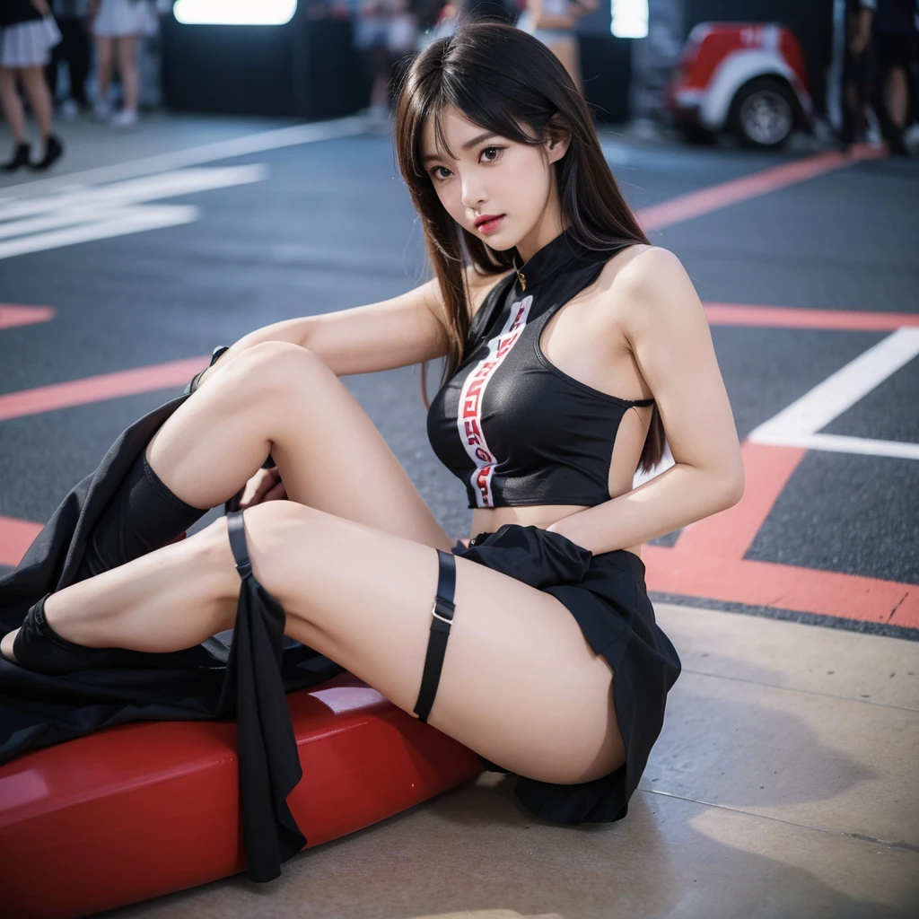 Super detailed photos、Detailed face、Lip gloss、Cool woman、Colorful costumes、F1 Driver Cosplay、Colorful costumes、Clothing with company logo、Grid Girlsのカラフルで派手な衣装、Grid Girls、Perfect Face、Paddock Girls、Harem、motor Show、tights、Bodycon Costumes、Grid Girls、Russia、Grid Girlsのコスプレ、belly button、Pleated skirt、Bodycon Costumes、Legs open pose、Spread your legs to show your crotch