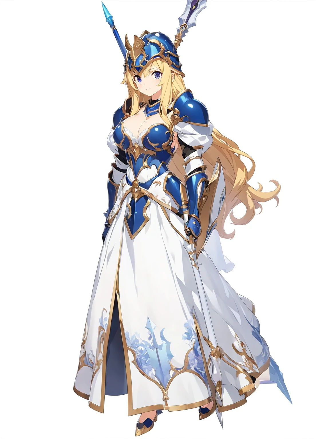 Highest quality, high resolution, High quality game art style, whole body,Valkyrie,Official Art, Smooth game CG art,Cute 3D anime girl render, Visual Novel Sprites, White background,Smooth game CG art, (((Woman with a long spear))),A woman wearing a white dress and blue armor, An intricately designed helmet with white feathers,Small shield, (((Has an exquisite long spear))),Exquisite Blue Armor,Golden Hair, long hair, female knight, Rin々Shii,Large Bust,,