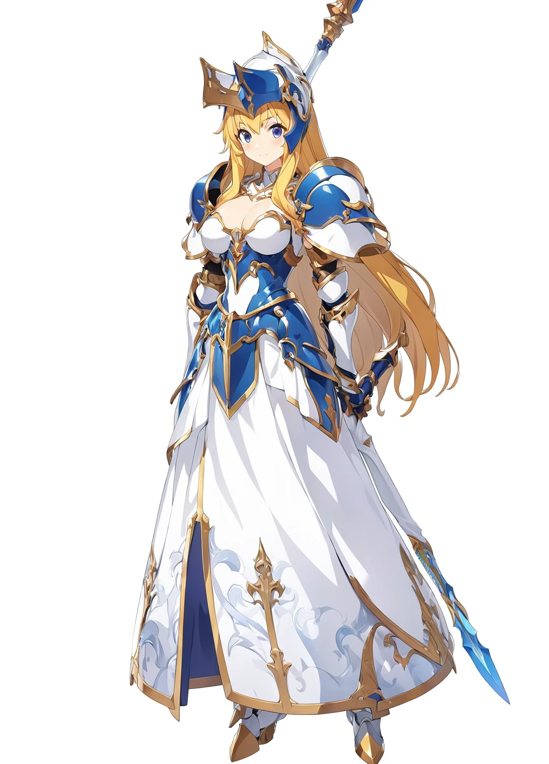 Highest quality, high resolution, High quality game art style, whole body,Valkyrie,Official Art, Smooth game CG art,Cute 3D anime girl render, Visual Novel Sprites, White background,Smooth game CG art, (((Woman with a long spear))),A woman wearing a white dress and blue armor, An intricately designed helmet with white feathers,Small shield, (((Has an exquisite long spear))),Exquisite Blue Armor,Golden Hair, long hair, female knight, Rin々Shii,Large Bust,17 years old,