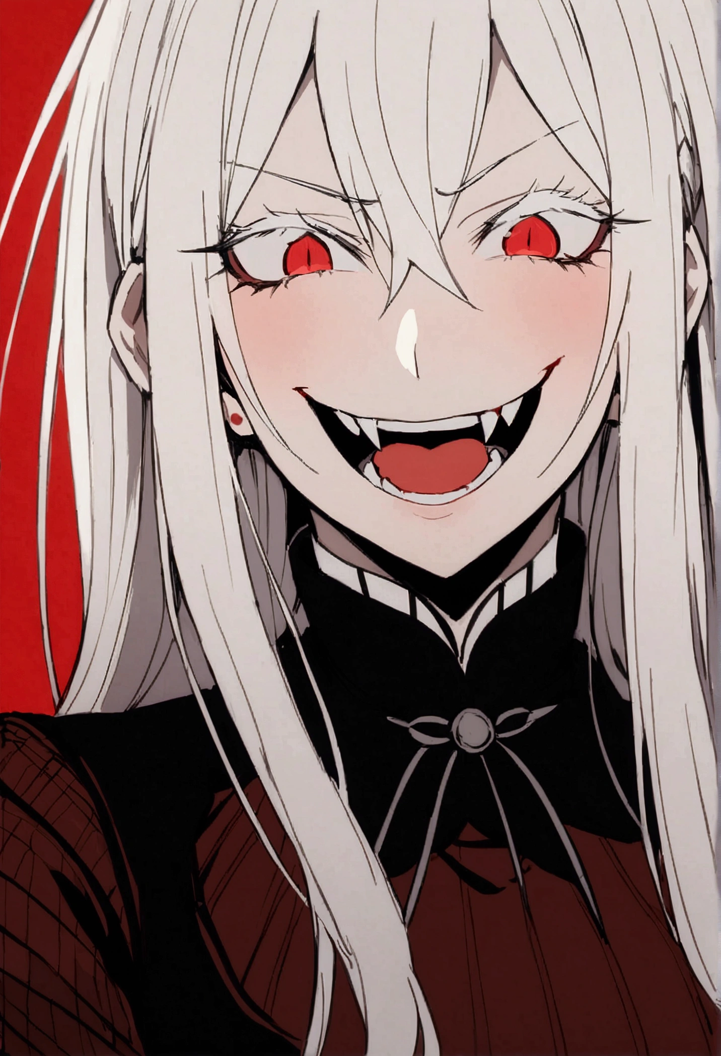 Evil woman, loca, White hair, thick white eyelashes, fangs, demonic, echidna re:zero, crazy laugh, pure evil, black clothes, red tones, big breasts,a close-up of a person with a red background and a black and white drawing of a woman with long hair, Akane Owari Danganronpa, with red haze and a massive SMILE, SMILEning lasciviously, [[[[SMILEning evily]]]], evil SMILE, Gapmoe Yandere Grimdark, SMILE, SMILE asesina, Masterpiece