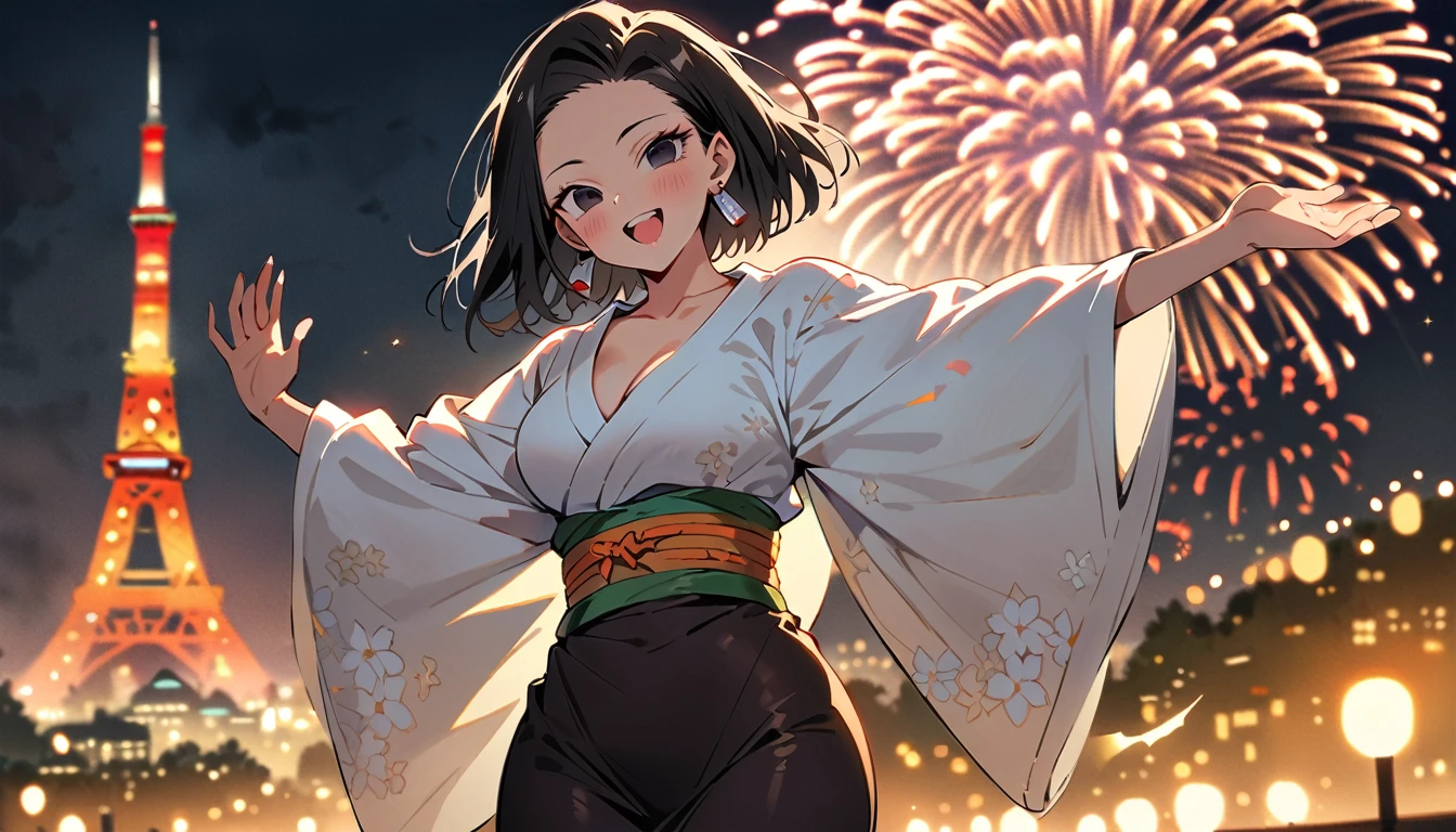 (masterpiece, best quality:1.2),1girl, (solo), Android 18 from Dragon Ball, ((floral print white kimono)), medium breasts, blunt bangs, black short hair, (black eyes), earrings on earlobes, slim, slender feminine figure, skinny body, blush, magnificent view, blur background, 4K, open mouth, smile, Tokyo Tower, firework, arms open, collarbone, (Kimetsu no Yaiba), Demon,