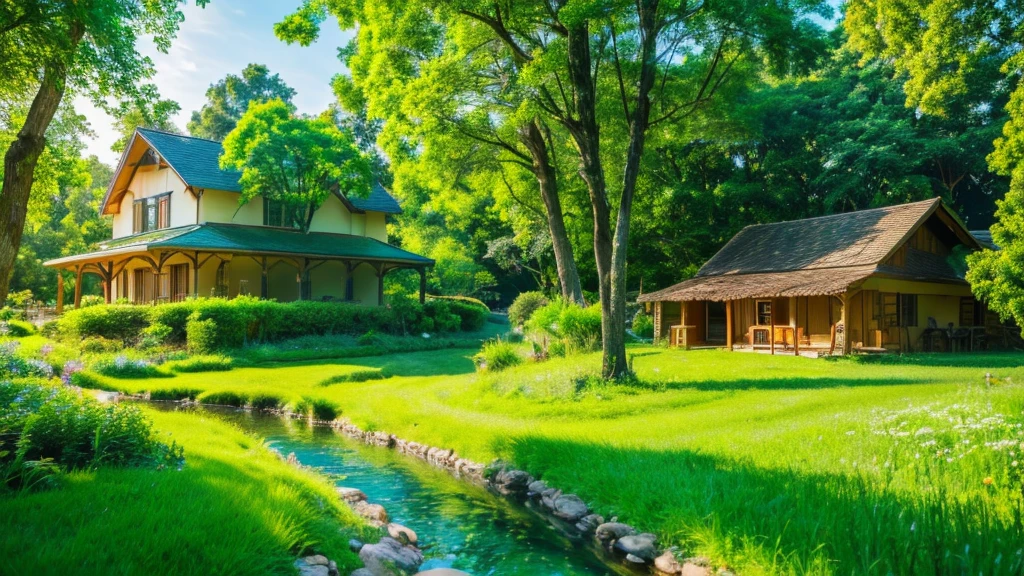 images through 8k lens, Stunningly beautiful nature, house next to the stream, Rows of lush green trees, Lush green grass, clear blue sky, golden sunlight. High image quality, clear details, reality, lively. Fresh green color scheme.