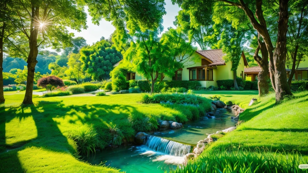 images through 8k lens, Stunningly beautiful nature, house next to the stream, Rows of lush green trees, Lush green grass, clear blue sky, golden sunlight. High image quality, clear details, reality, lively. Fresh green color scheme.