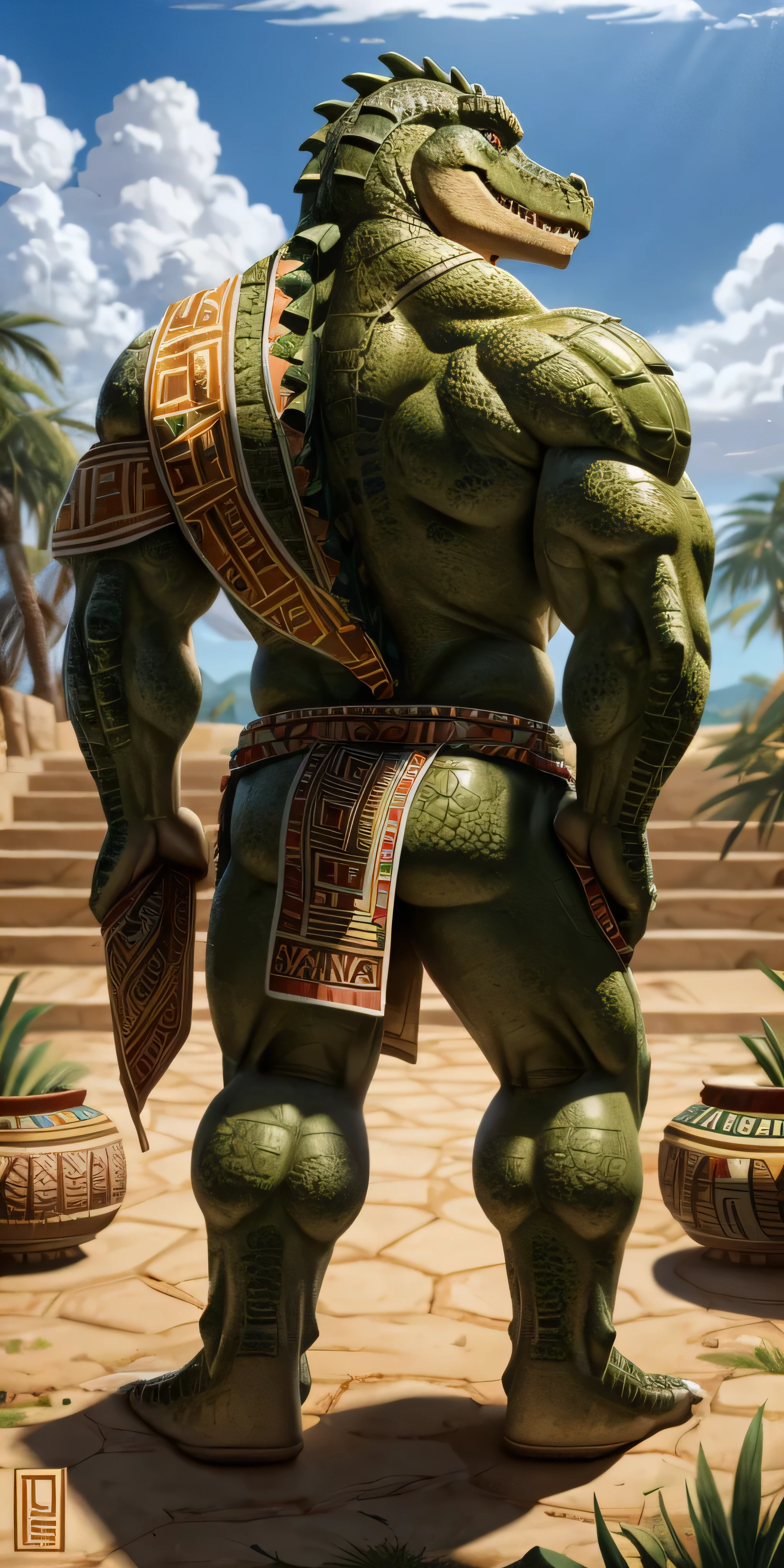 A muscle  naked male alligator, a muscle  naked male lizardmen with full aztec clothes , showing his  back and legs ,   seductive face