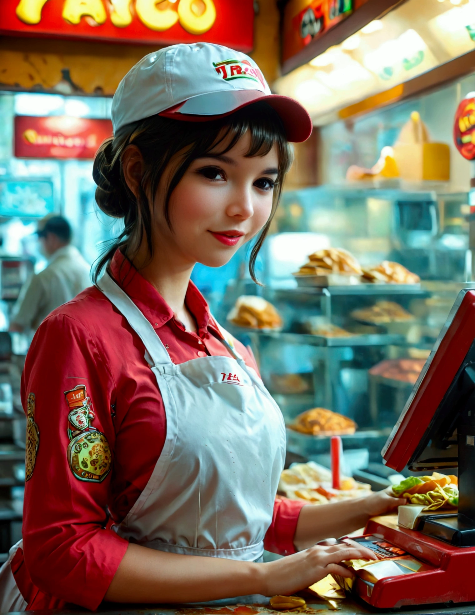 A android fast food worker(cute woman, apron and cap, awkward happy poses), is working the cash register at 'Taco Bell', crowded, busy