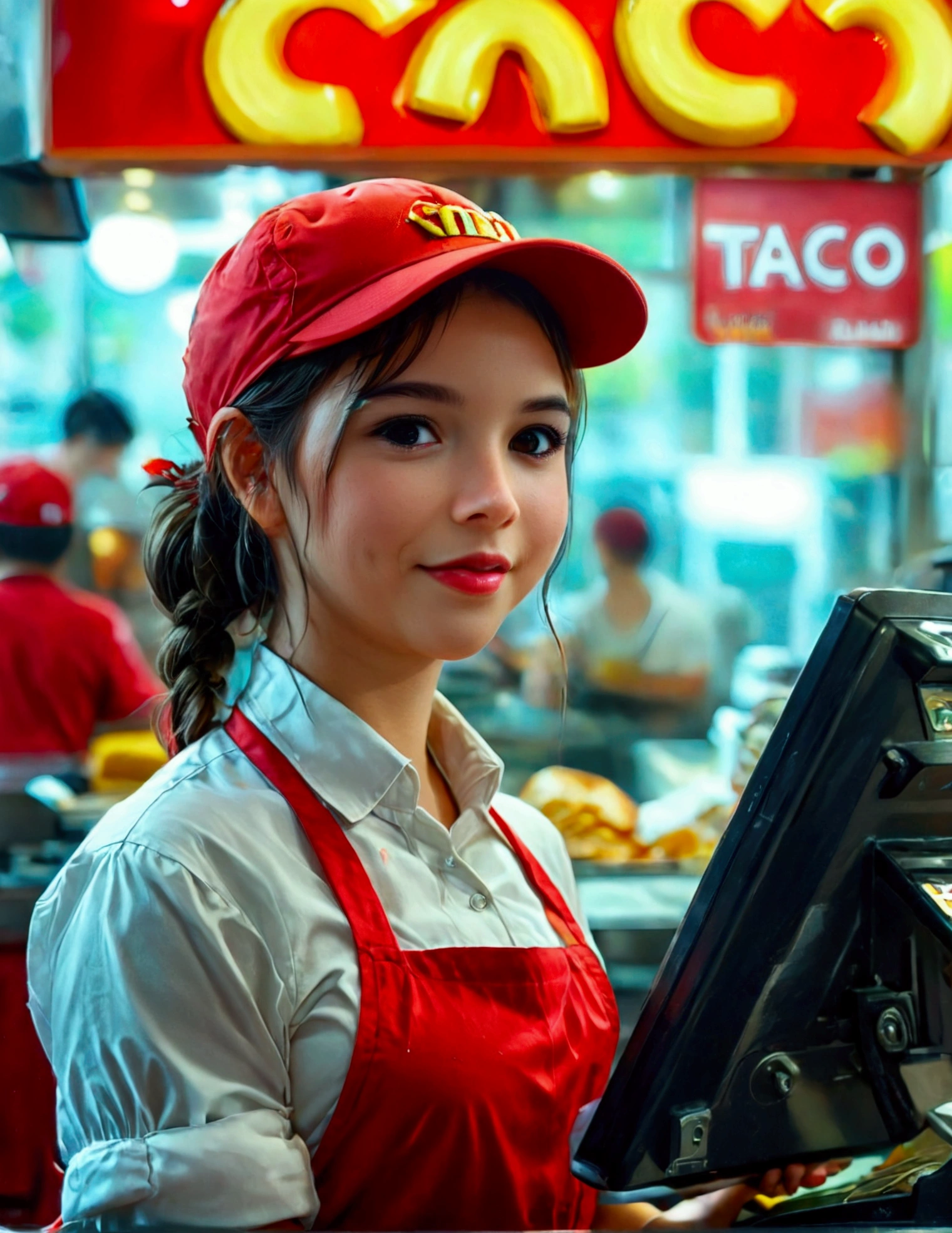 A android fast food worker(cute woman, apron and cap, awkward happy poses), is working the cash register at 'Taco Bell', crowded, busy