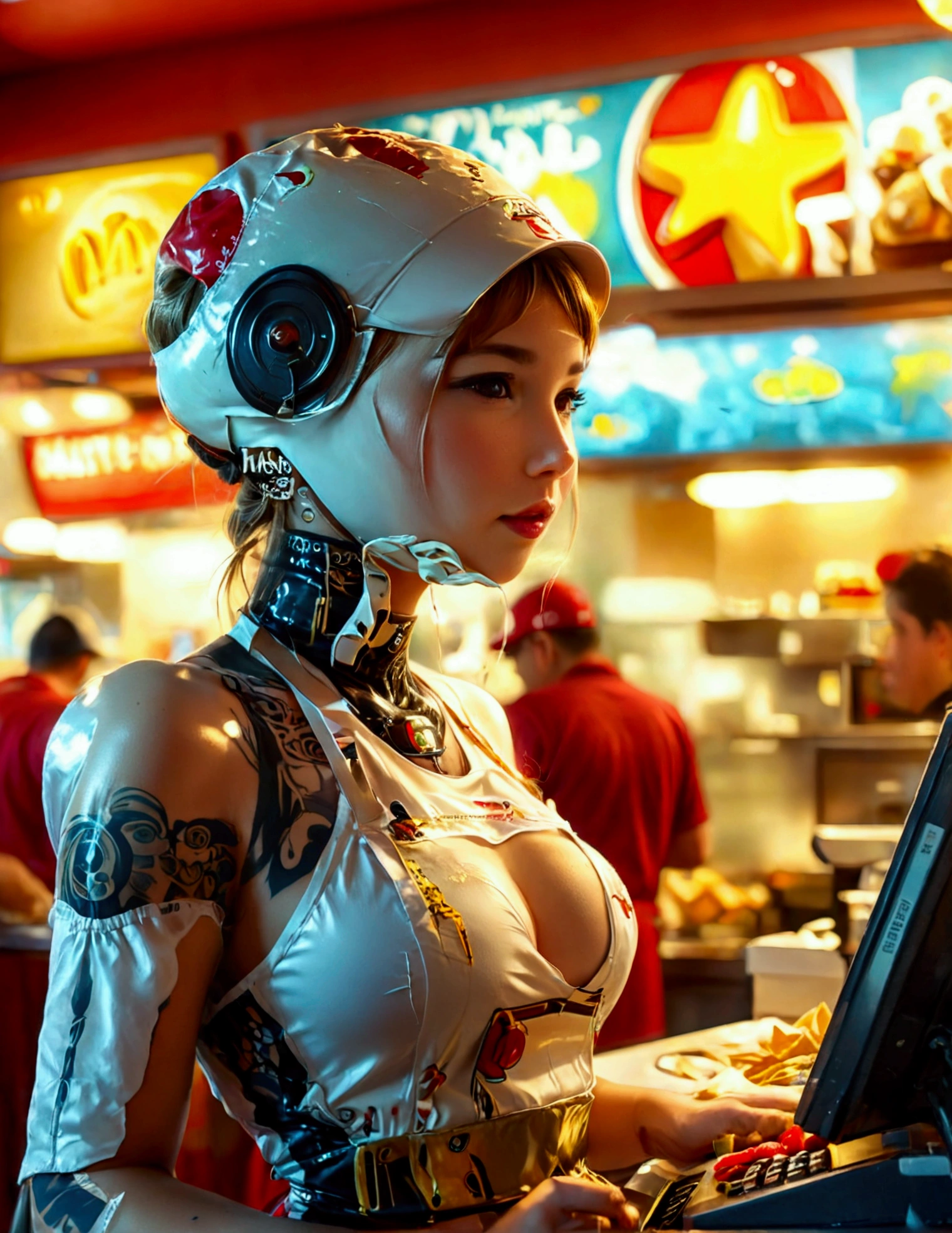 A android fast food worker(cute woman, apron and cap, awkward happy poses), is working the cash register at 'Taco Bell', crowded, busy