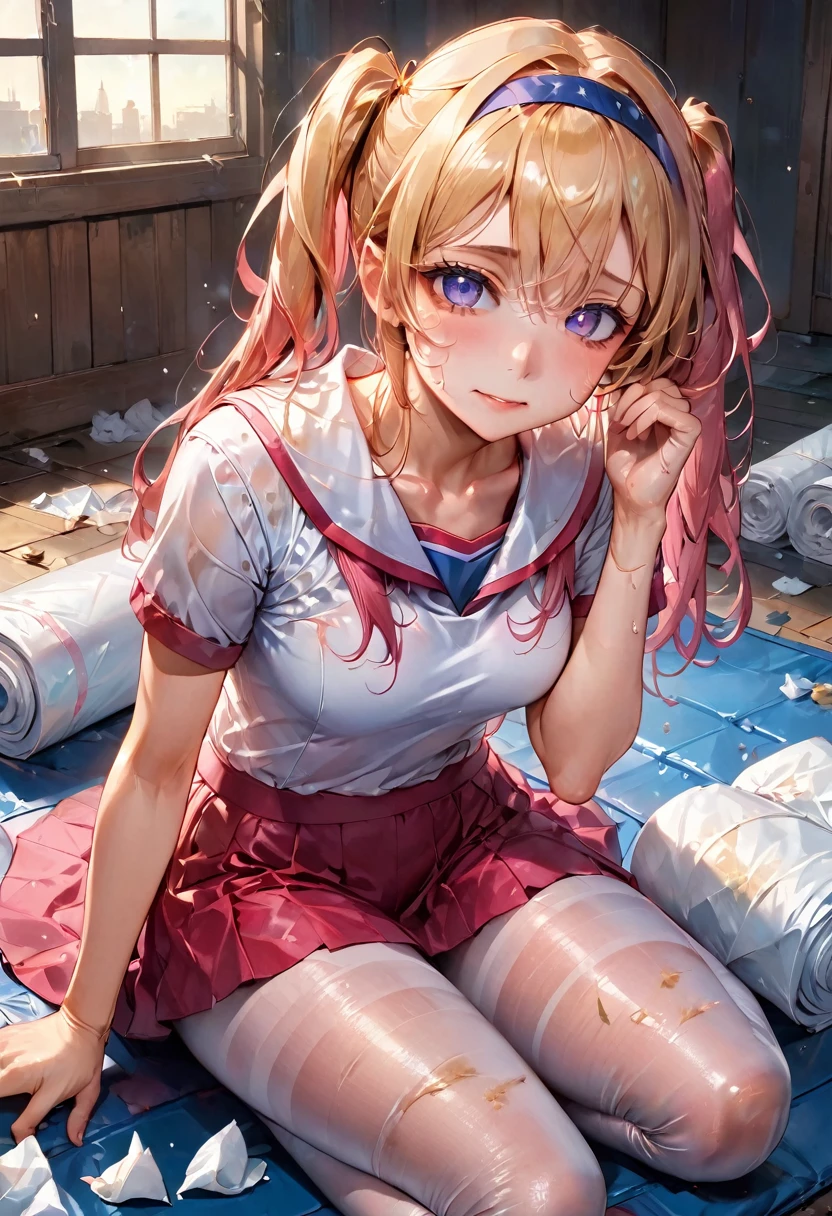 The whole body is covered in oilで光沢感がある A large amount of rolled up tissue paper, Wrinkled, Dirty tissue on the ground, Excessive sweating on the face,Sweat dripping down,Sitting on a dirty bed, Dirty futon with golden stains Dirty old gym mat ,Gymnasium Warehouse, There are lots of rolled up tissues on the floor , Garbage is scattered everywhere, Very dirty gym mat, Messy room, Scared I am going to cry Embarrassing Dimly lit room Hardwood Floors Scattered rolled tissue paper Sailor suit with only the upper body, School swimsuit for the lower body Inner swimwear high school student Illustration Style Anime Style Small lips Frightened face beautiful girl Very cute clothes Cheeks pink Long twin tails Blonde long hair super curly hair Super long sideburns Rubber clothing hair band Pearl white silk tights that become transparent when wet White super long boots Big eyes Droopy eyes Stern expression Shocking Pink Rouge Sweating profusely Crushed tissue paper The whole body is wet from rain Mucus clings to the whole body Steam coming out of the whole body Steam rises across the screen. White Breath Haa The whole body is covered in oil evening Sunset sunshine