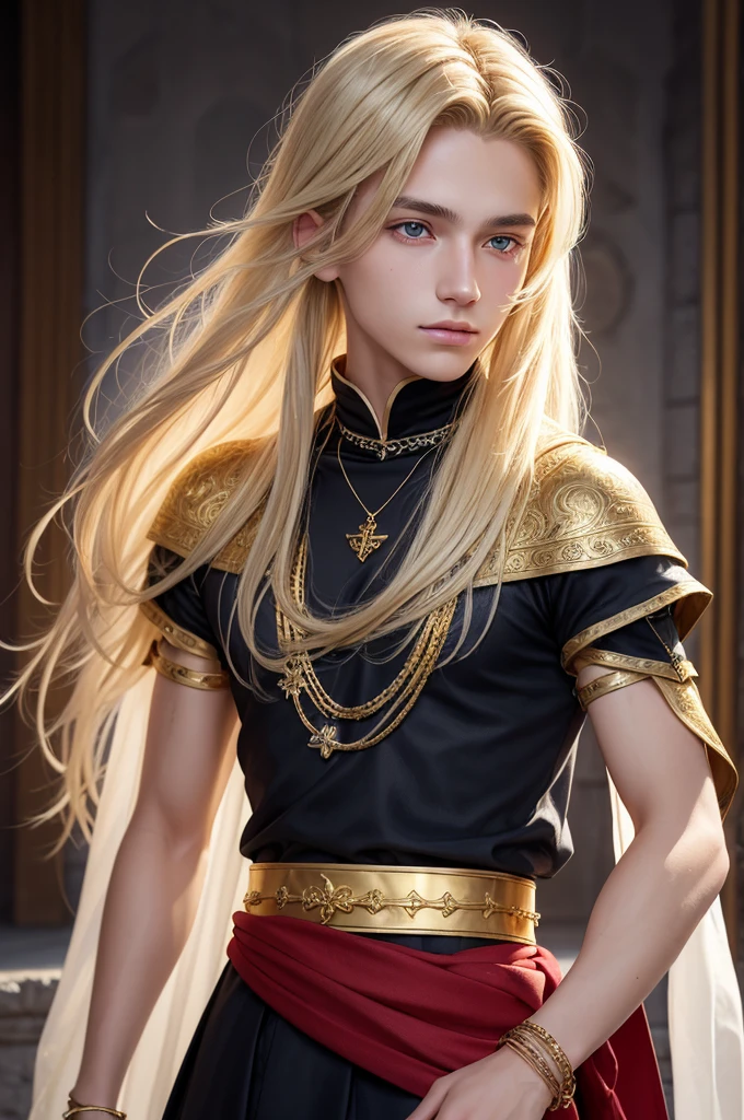 Create me a  male teenager,  slightly long blonde hair with some white strands , golden eyes, a necklace with a blue stone and some details,  a black medieval outfit and some bracelet of many colors , a red cloth wrapped around the waist and a serene and friendly face that gives off an aura of someone good. Your eyes are golden like gold