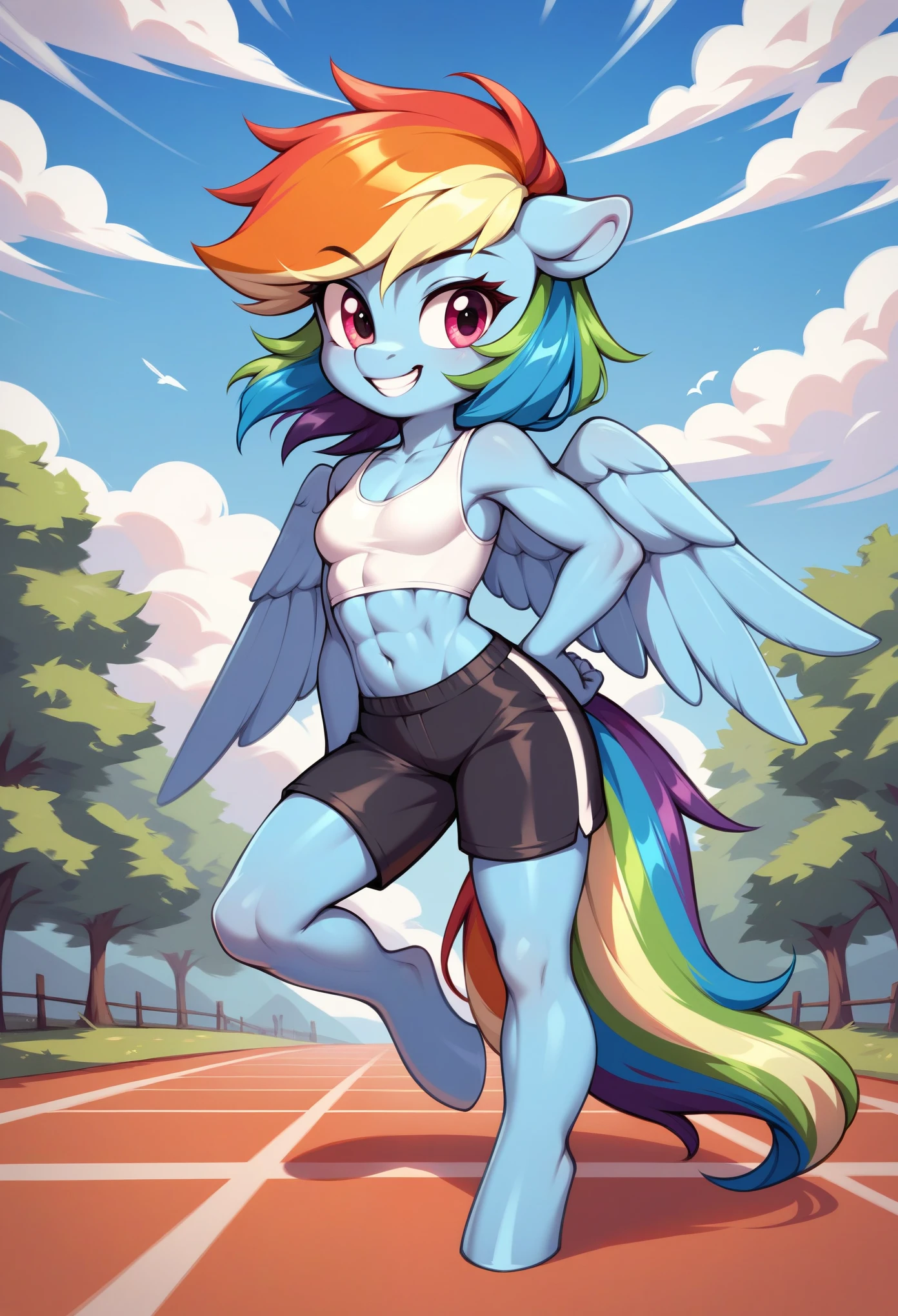 score_9, score_8_up, score_7_up, score_6_up, rainbow dash, pony, furry, blue skin, small wings, multicolored hair, anthro, pony face, white crop top, (toned:0.5), smile, small breasts, gym shorts, medium hair, blue sky