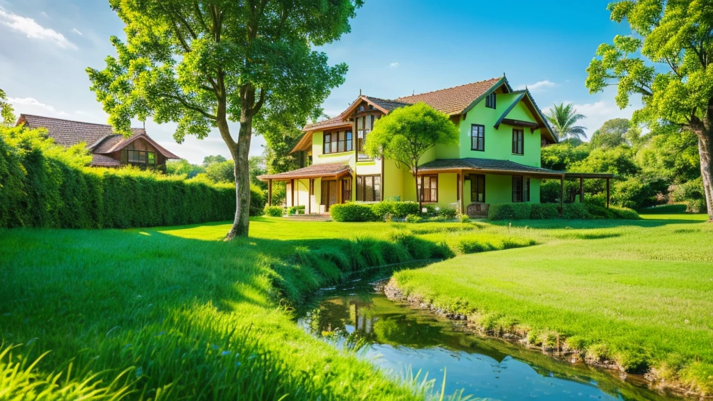 images through 8k lens, Stunningly beautiful nature, house next to the stream, Rows of lush green trees, Lush green grass, clear blue sky, golden sunlight. High image quality, clear details, reality, lively. Fresh green color scheme.