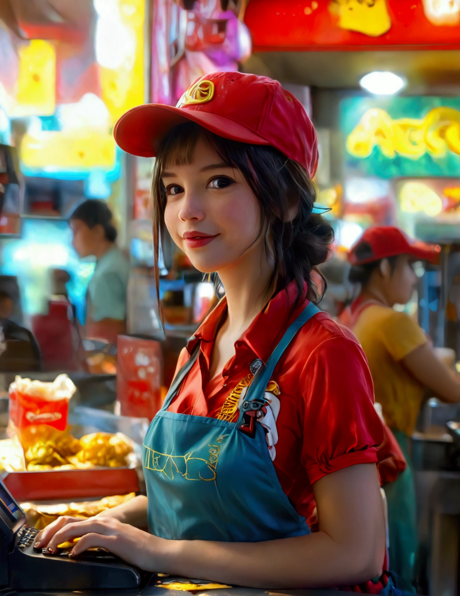 A android fast food worker(cute woman, apron and cap, awkward happy poses), is working the cash register at 'Taco Bell', crowded, busy
