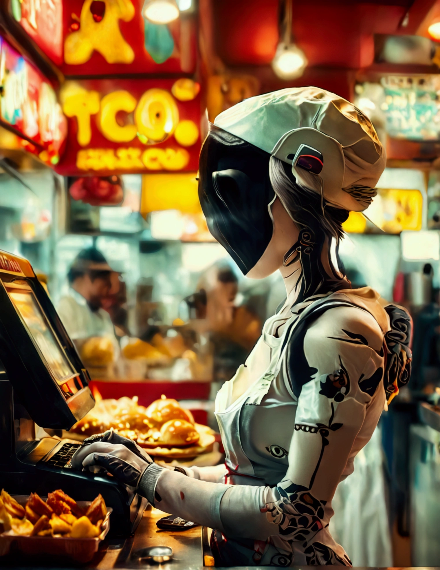 A android fast food worker(cute woman, apron and cap, awkward happy poses), is working the cash register at 'Taco Bell', crowded, busy