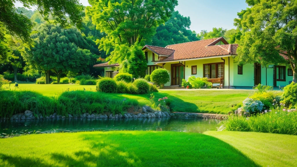 images through 8k lens, Stunningly beautiful nature, house next to the stream, Rows of lush green trees, Lush green grass, clear blue sky, golden sunlight. High image quality, clear details, reality, lively. Fresh green color scheme.