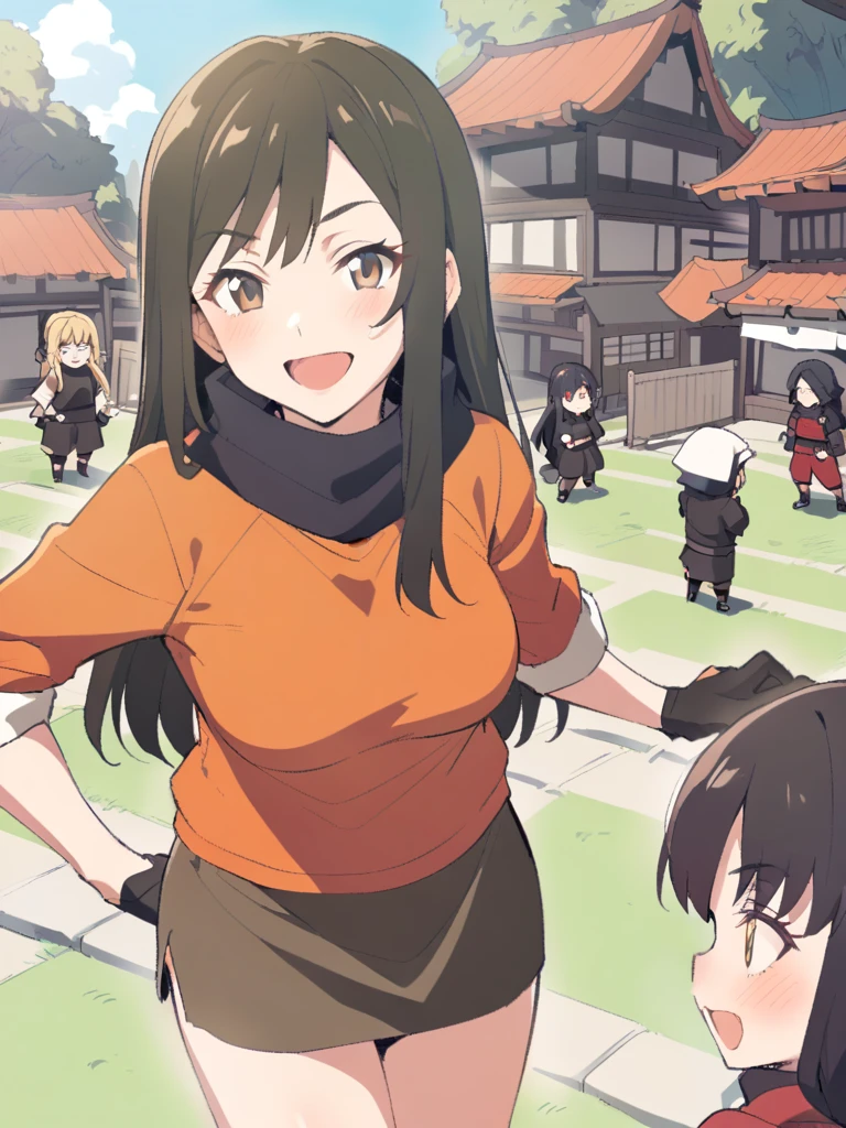 {{Upper part of the body}} {{Artist: sincos}} mature woman, straight hair, long hair, black hair with blonde highlights, light brown eyes, black ninja bandana, red jacket, black fitted t-shirt, Gloves without fingers, bottom: ninja village