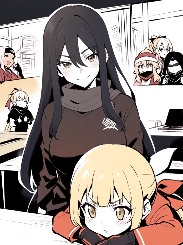 {{Upper part of the body}} {{Artist: sincos}} mature woman, straight hair, long hair, black hair with blonde highlights, light brown eyes, black ninja bandana, red jacket, black fitted t-shirt, Gloves without fingers, bottom: ninja village