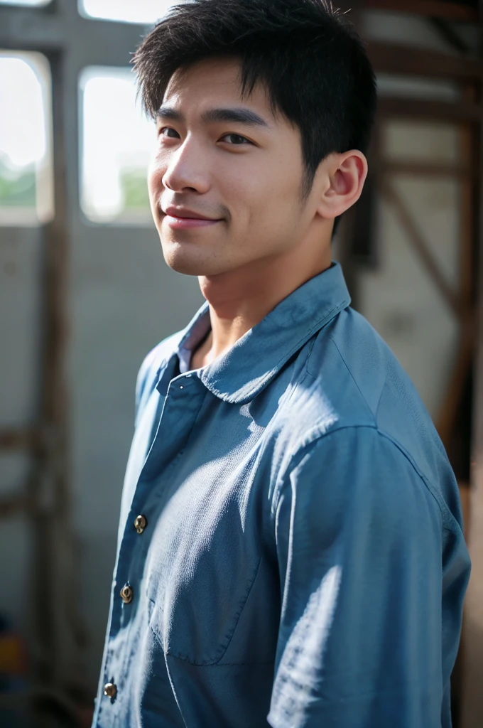 ((Highest quality, 8K, Masterpiece: 1.3))、Thailand Laos Burma Asia, Thai man, A handsome Asian rugby player with short hair, a muscular beard, and big muscles., １A man who has、 yo、Good appearance、Beautiful nose、smile、 Detailed eyes and face、beautiful light、(studio)、high resolution、（Look at the viewer.）、Fine mouth、smile、whole body: 1.5, perfect shape: 1.3, looking at camera ,Blue button-up shirt, ((bedroom)), sunlight looking at the field